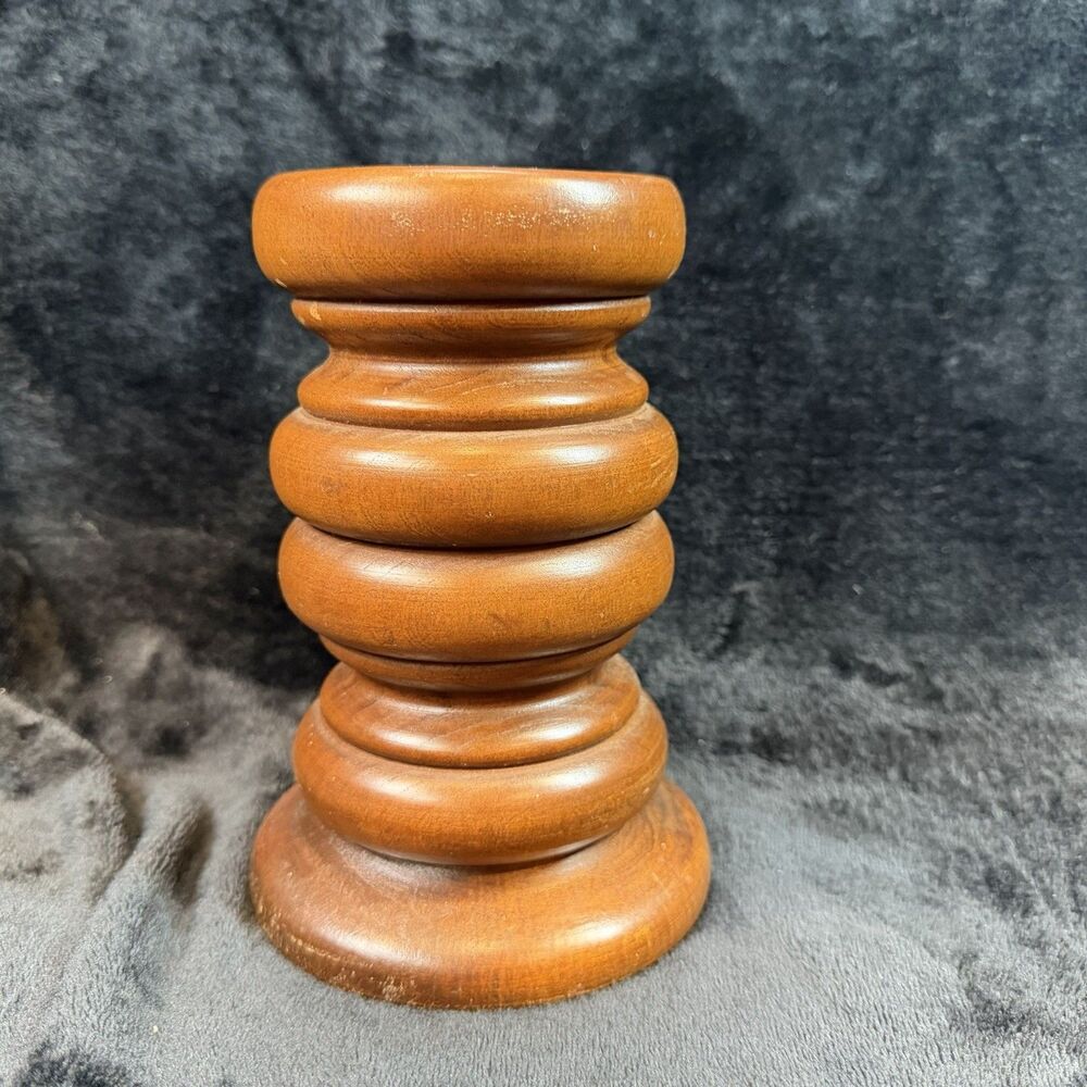 Wood Pillar Candle Holder Hand Turned 7” Solid Heavy Rustic MCM